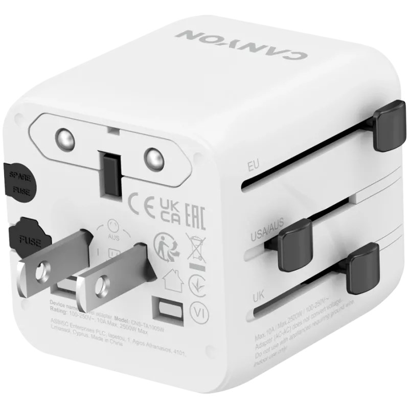 Adaptador de viagem CANYON OnTour One EU UK US AUS branco (CNS-TA1005W) – conversão universal de fichas para EU/UK/US/AUS