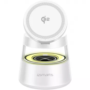 Carregador sem fios 4smarts Qi2 Aura Sound branco – carregamento sem fios rápido Qi2, altifalante integrado