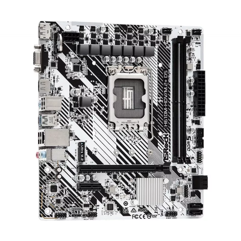 ASRock H610M-HDV/M.2+ D5 placa-mãe, Intel H610, LGA 1700, Micro-ATX, 2x DDR5 DIMM (máx. 96 GB), PCIe 4.0 x16, 1x M.2, 4x SATA III, HDMI, DisplayPort, VGA, USB-C 3.2 Gen 1, Gigabit LAN