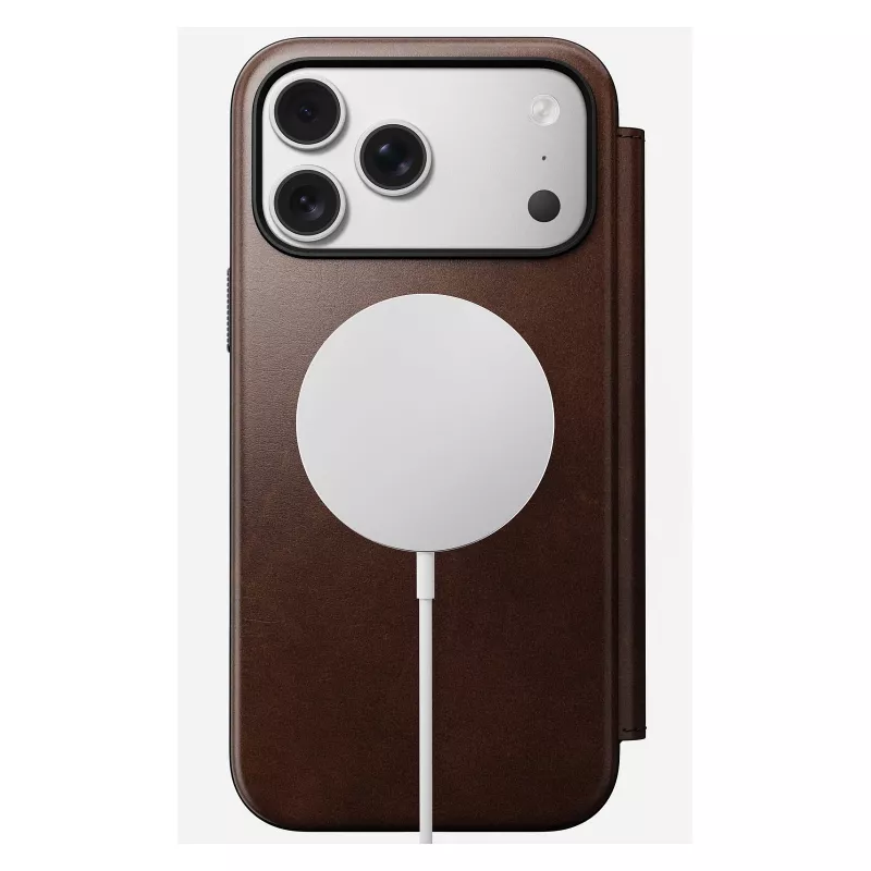 Capa para telemóvel tipo carteira Nomad Modern Leather Folio para iPhone 17 Pro Max — castanha, pele, ecrã de 6,3 polegadas, 4 compartimentos para cartões