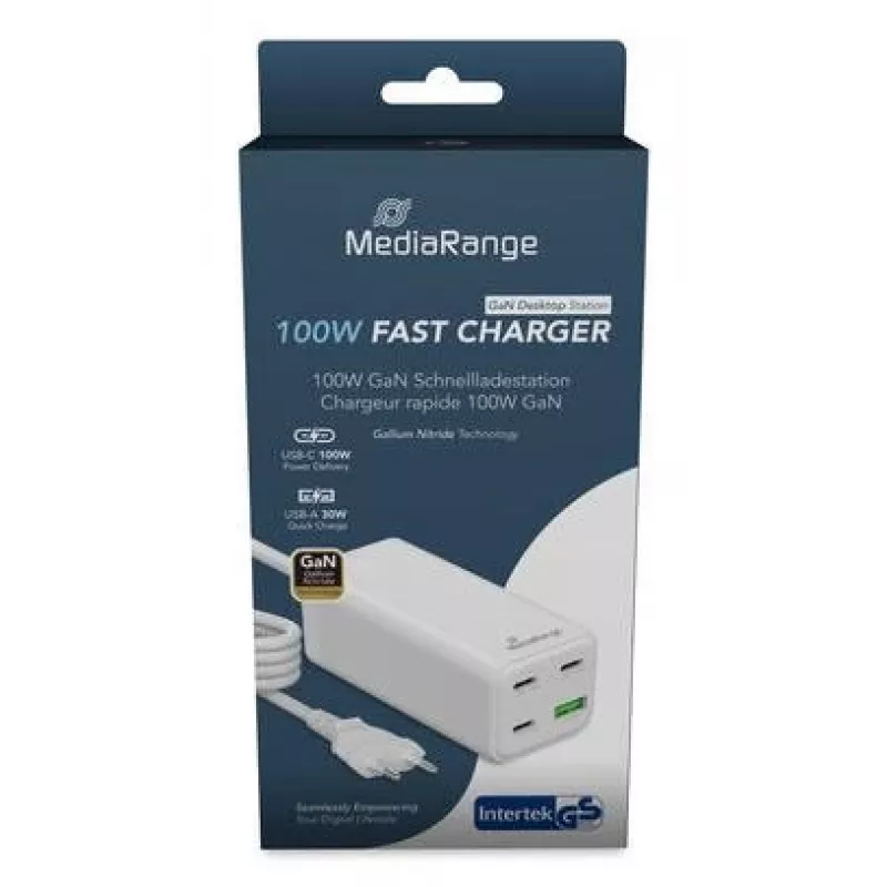 Carregador móvel MediaRange MRMA124 100W AC, 3x USB-C, entrada 100–240V, cabo de 1,5 m, branco