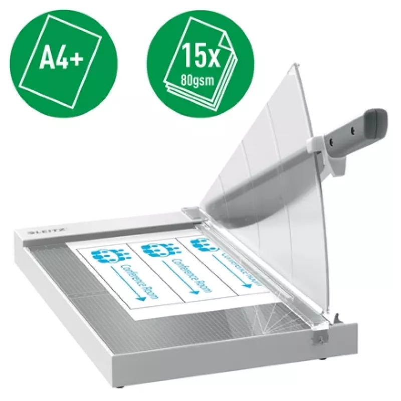 Cortapapel de precisão Leitz A4+, 15 folhas, fixação manual, aço inoxidável, A4 Maxi, 80 g/m², vidro