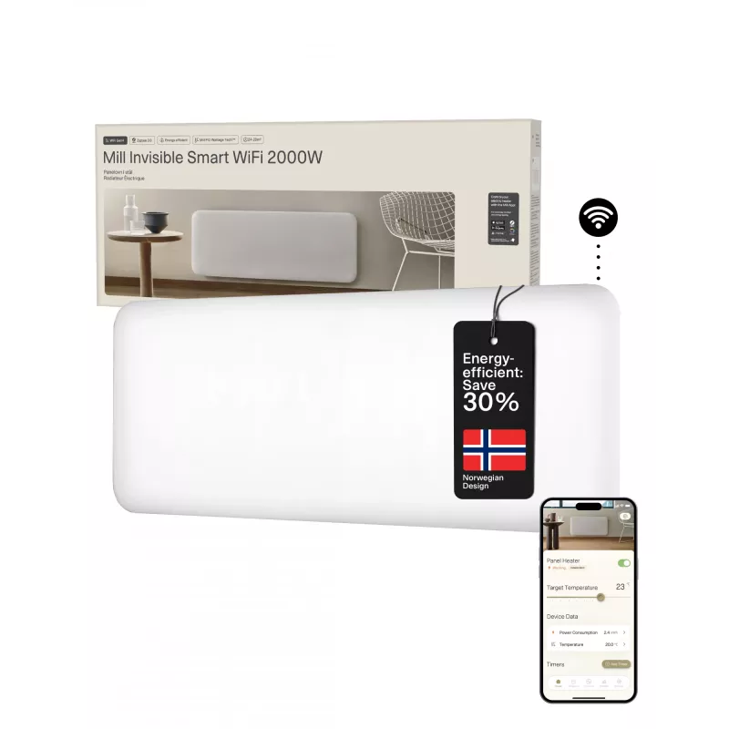 Aquecedor inteligente WiFi invisível Mill | PA2000WIFI4 | aquecedor de painel | 2000 W | adequado para divisões até 24-28 m² | branco | IPX4
