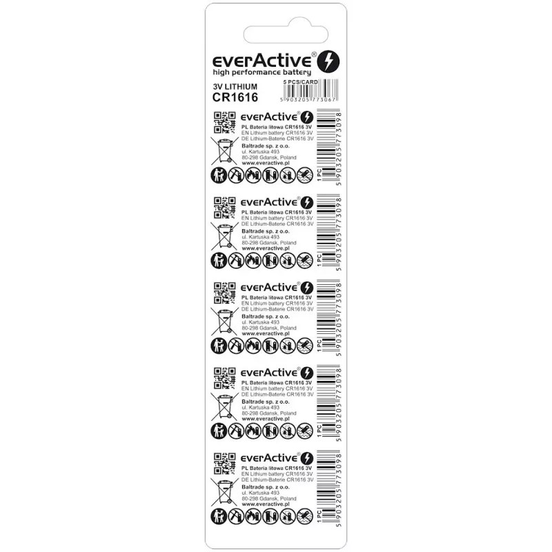 Pilha botão everActive CR1616 3V, 50 mAh, 16 mm — pack de 5
