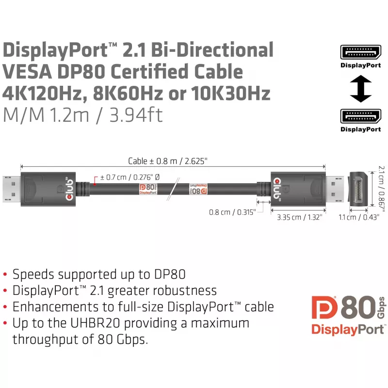 Club 3D CAC-1091 cabo DisplayPort 2.1, certificado VESA DP80, bidirecional, 4K120Hz / 8K60Hz / 10K30Hz, macho/macho, 1,2 m