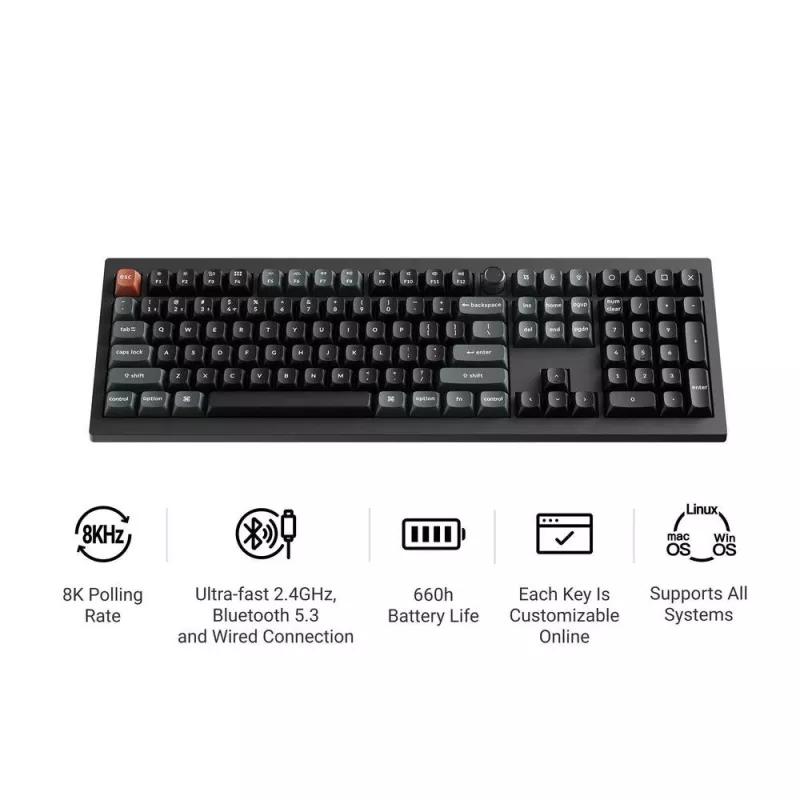 Teclado mecânico Full-Size Keychron V6 Ultra 8K — QWERTY, Bluetooth, RGB, preto