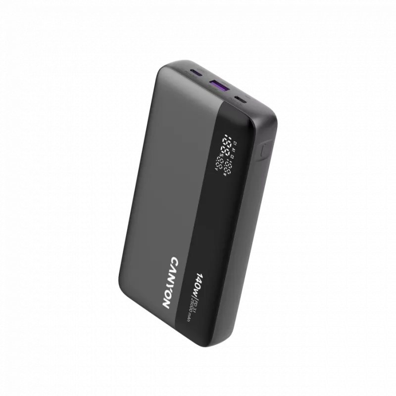 Power Bank CANYON PB-240, 25000mAh PD140W powerbank com ecrã, tamanho 160,0x82x27 mm, peso 508±10g, cinzento-escuro