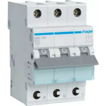 Hager MBS332. Corrente nominal: 32 A, Frequência de rede: 50/60 Hz. Largura: 52,5 mm, Profundidade: 70 mm, Altura: 83,4 mm (MBS332)