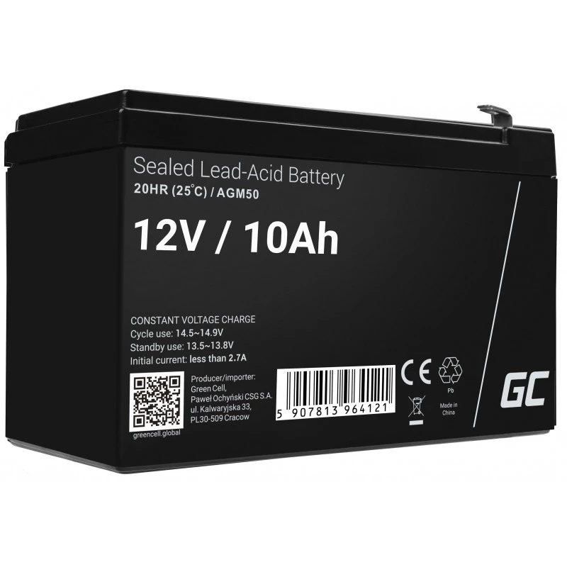 Bateria para UPS Green Cell AGM50 12 V 10 Ah VRLA AGM, 65×151×95 mm, 2,45 kg, preto