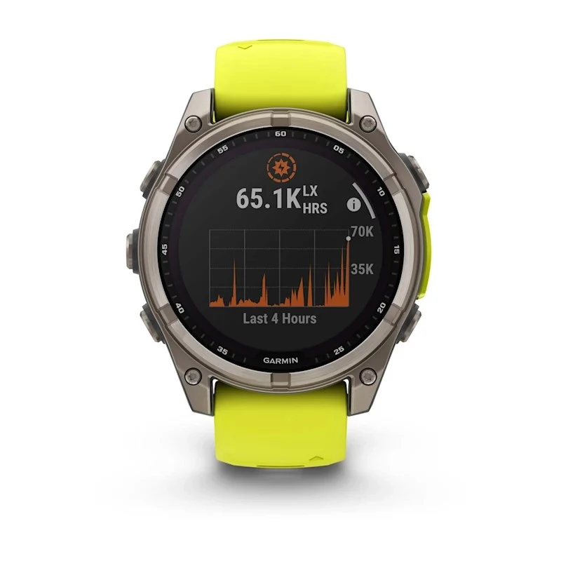 Garmin fenix 8 Solar Sapphire 47 mm relógio inteligente GPS, ecrã tátil de 3,3 cm (1,3") 260 x 260, Wi-Fi, titânio, bracelete de silicone amarela/grafite, amarelo