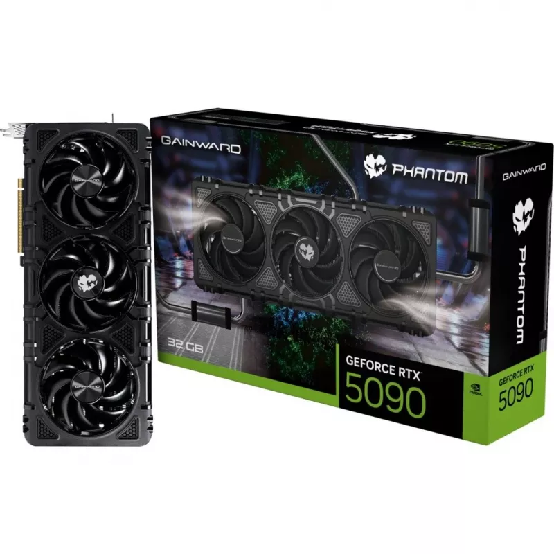 Placa gráfica GAINWARD GeForce RTX 5090 Phantom — 32 GB GDDR7, 512-Bit, PCIe 5.0, 3x DP 2.1b + HDMI 2.1b, 3 ventoinhas, 331,9 mm