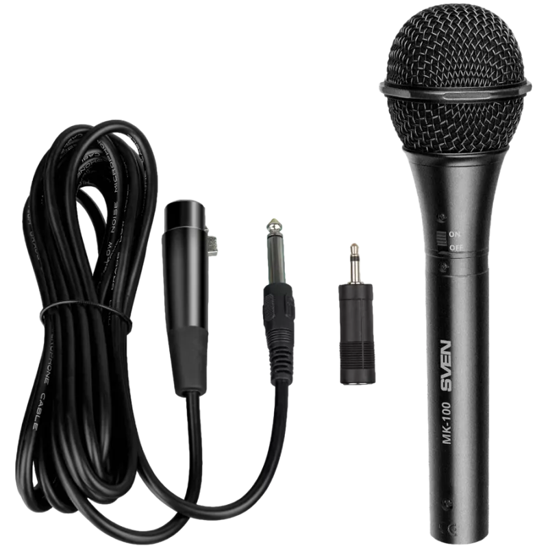 Microfone SVEN MK-100 (com fio, dinâmico, metal, cabo 4,0 m, jack 6,3/3,5 mm, cardioide, preto)