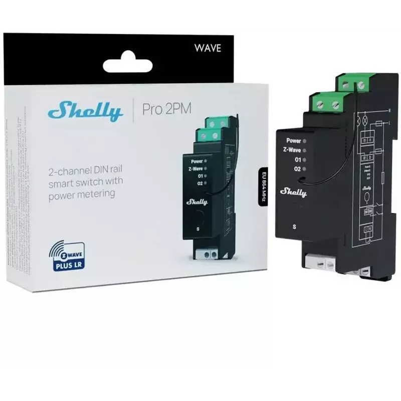 Controlador de calha DIN Z-Wave de dois canais Shelly Wave Pro 2PM LR