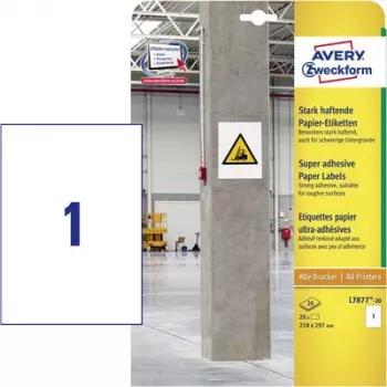 Etiquetas de papel de forte aderência AVERY Zweckform, 210 x 297mm branco, também para superfícies difíceis, para interior - 1 unid. (L7877-20)