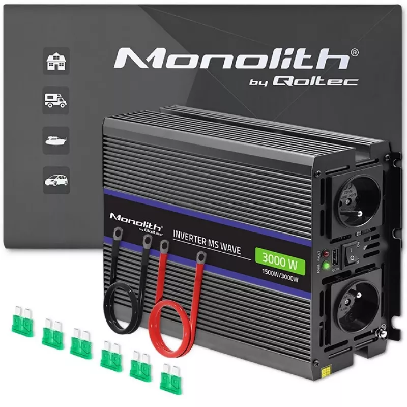Inversor QOLTEC Monolith 3000 MS Wave, 12V→230V, 1500/3000W, com USB