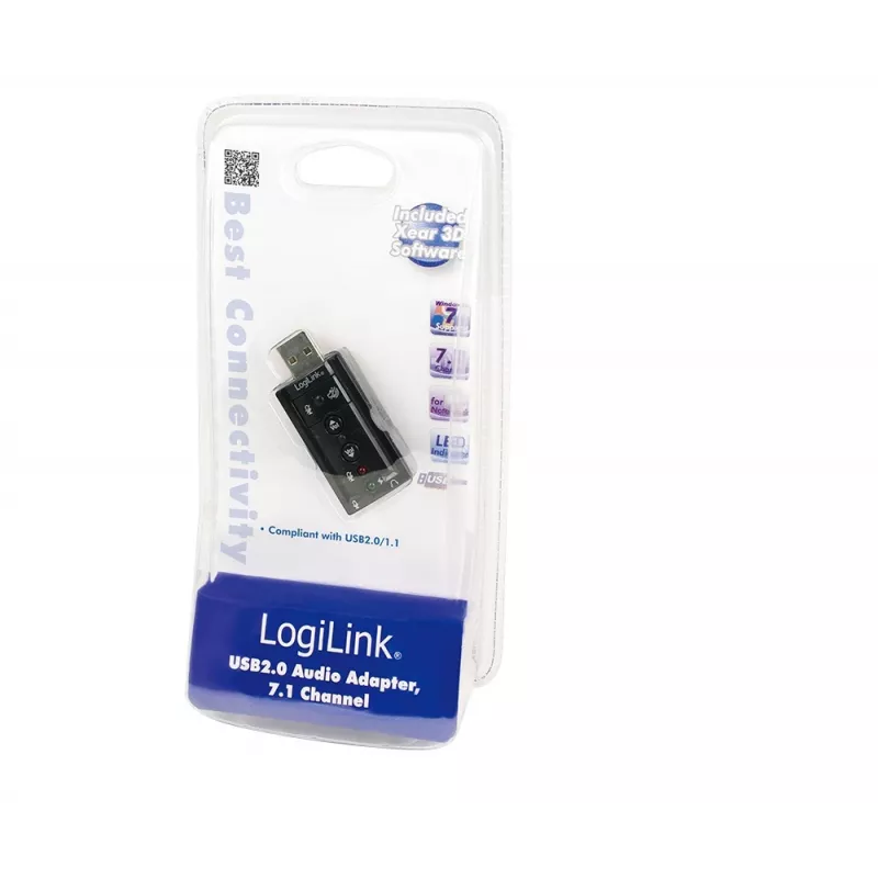 Placa de som USB externa LOGILINK UA0078, 7.1 canais, interface USB, compacta 124×194×34 mm, 80 g