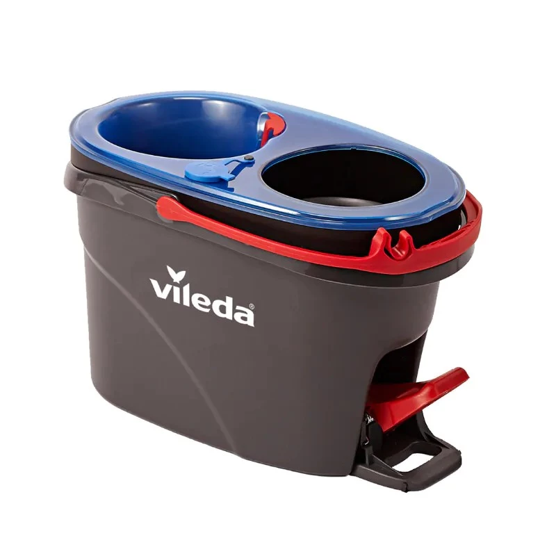 Vileda H2PrO Spin Mop conjunto, esfregona rotativa com sistema de dois depósitos e cabo telescópico, microfibra, preto/vermelho/azul