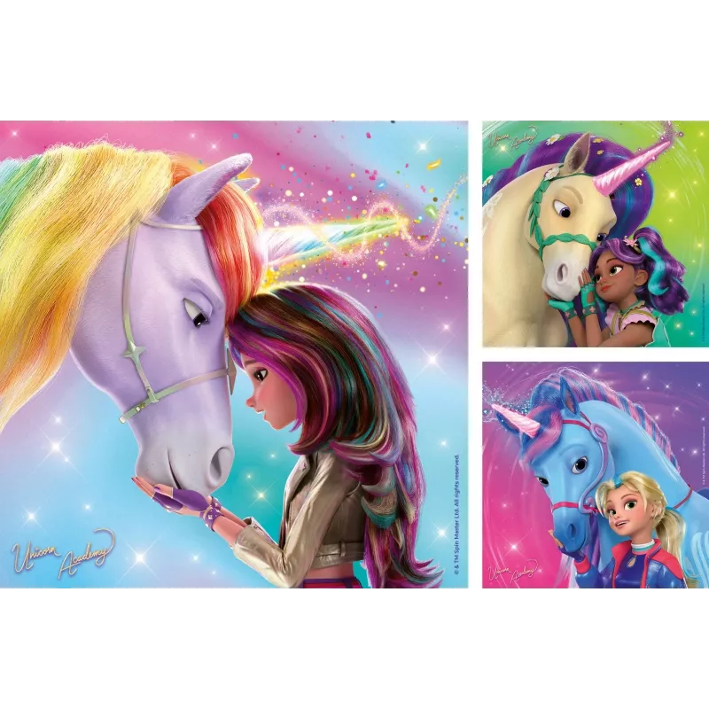 Puzzle Ravensburger Unicorn Academy – 3 x 49 peças, conjunto para criança
