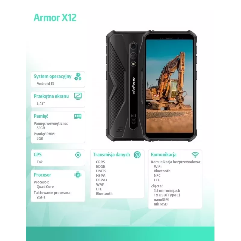 Smartphone robusto UleFone Armor X12 — 3 GB RAM, 32 GB de armazenamento, totalmente preto
