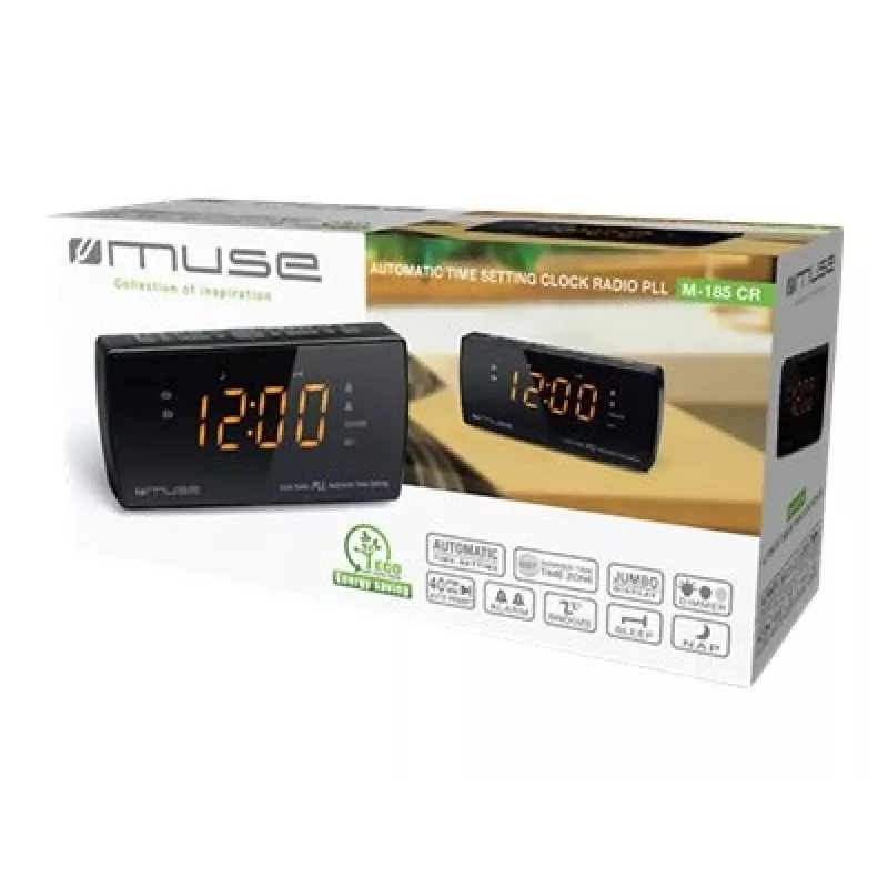 Rádio-despertador Muse M-185 CR — FM/MW, visor LED de 0,9 polegadas, AC 230V com backup por pilha AAA, preto