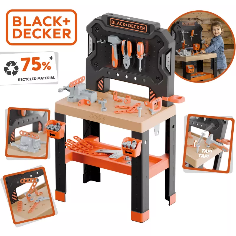 Bancada de ferramentas de brincar SMOBY Black & Decker modelo 2025 com ferramentas e acessórios