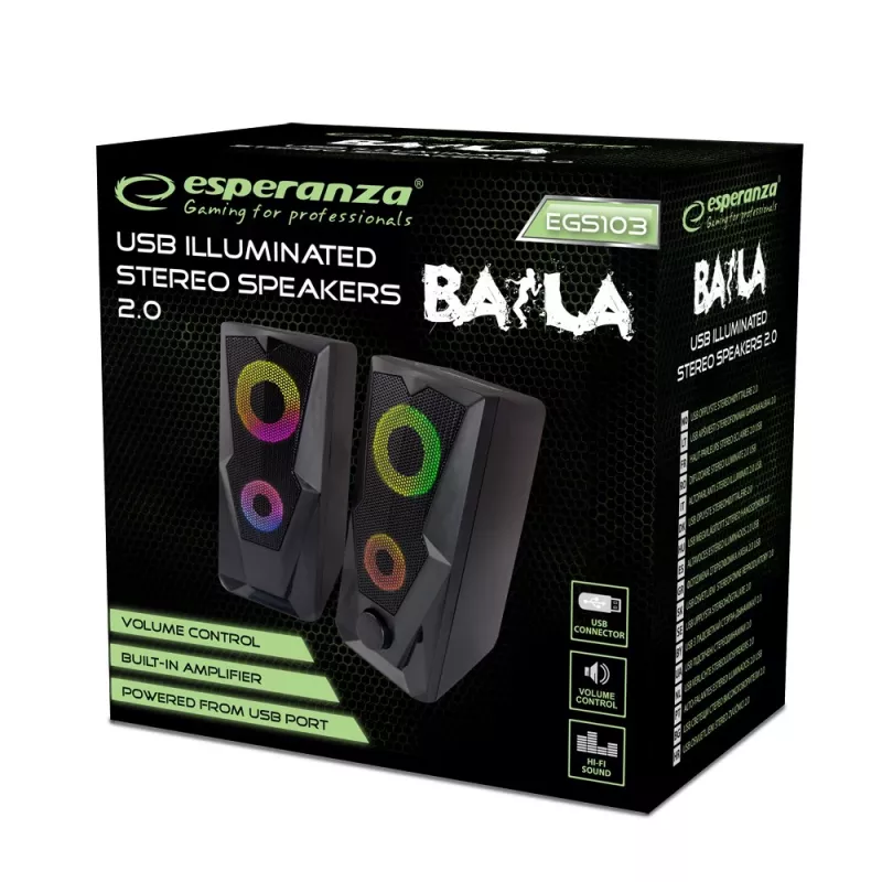 Altifalante ESPERANZA BAILA 6 W coluna de chão com fios, 6 W RMS, 160–20000 Hz, 3 Ω, USB & 3,5 mm, par