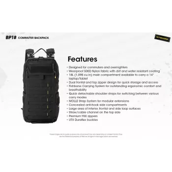 Mochila de viagem Nitecore BP18 — preto nylon/poliéster, 240×160×470 mm