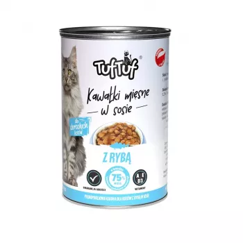 Alimento húmido para gatos TufTuf pedaços de carne em molho com peixe 415 g — alimento completo em lata para gatos adultos