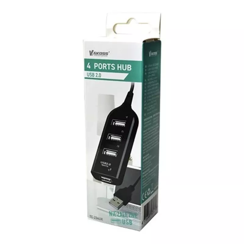 Hub USB VAKOSS TC-234UX — hub USB 2.0 de 4 portas, alimentação DC (5 V, 1 A), preto