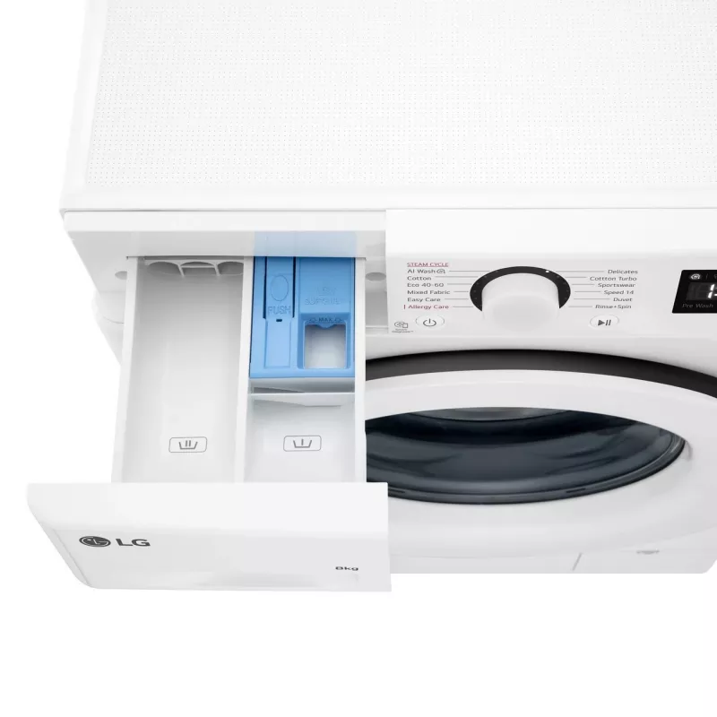 LG | Máquina de lavar roupa | F2WR508SWW | Classe de eficiência energética A-10% | Carga frontal | Capacidade de lavagem 8 kg | 1200 rpm | Profundidade 47,5 cm | Largura 60 cm | Visor | LED | Função vapor