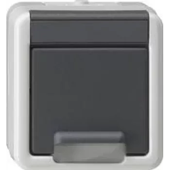 Tomada SCHUKO gira de montagem à superfície com tampa basculante e SafetyPlus, modelo 441430, cinzento
