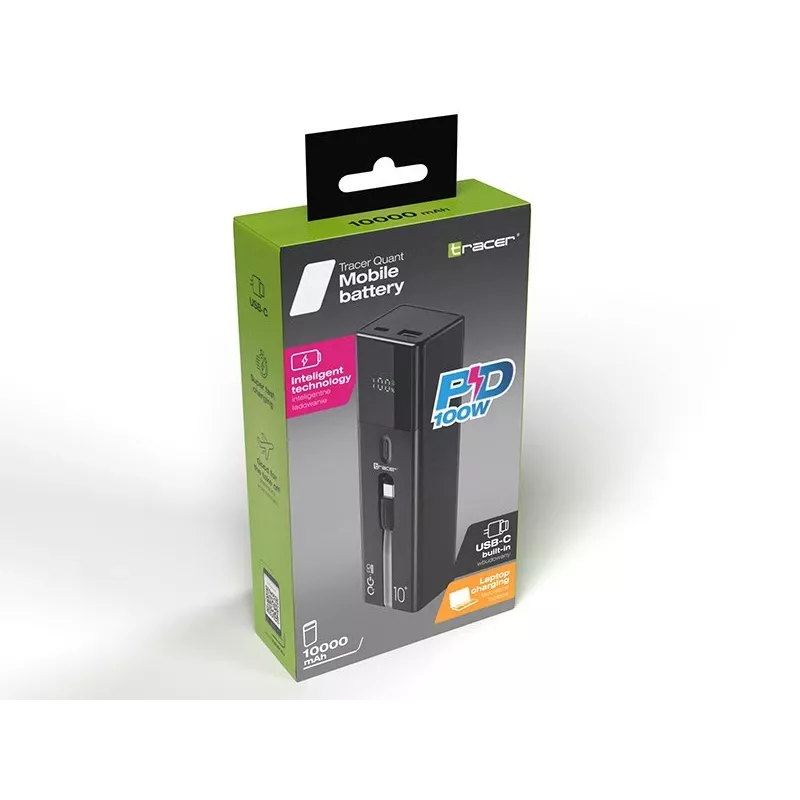 Powerbank portátil TRACER Quant 10000 mAh Li-Ion, PD & QC3.0, 3 ligações (2×USB-C, 1×USB-A), 100W, preto