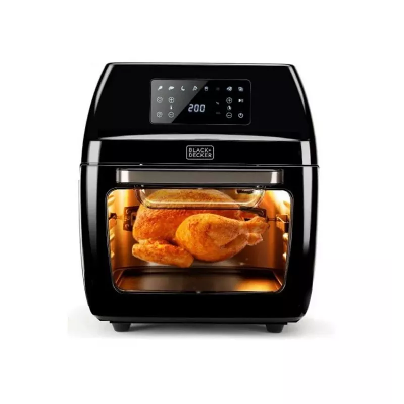 Fritadeira de ar quente Black & Decker BXAFO1200E — 12 L, 1700 W, controlo tátil, 40–200°C, espeto rotativo, assar e fritar