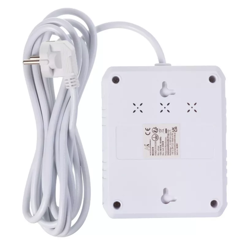 Extensão elétrica MACLEAN MCE388 W – 2 tomadas, 3×USB, 110–240V, 2500W, cabo de 3 m, branco