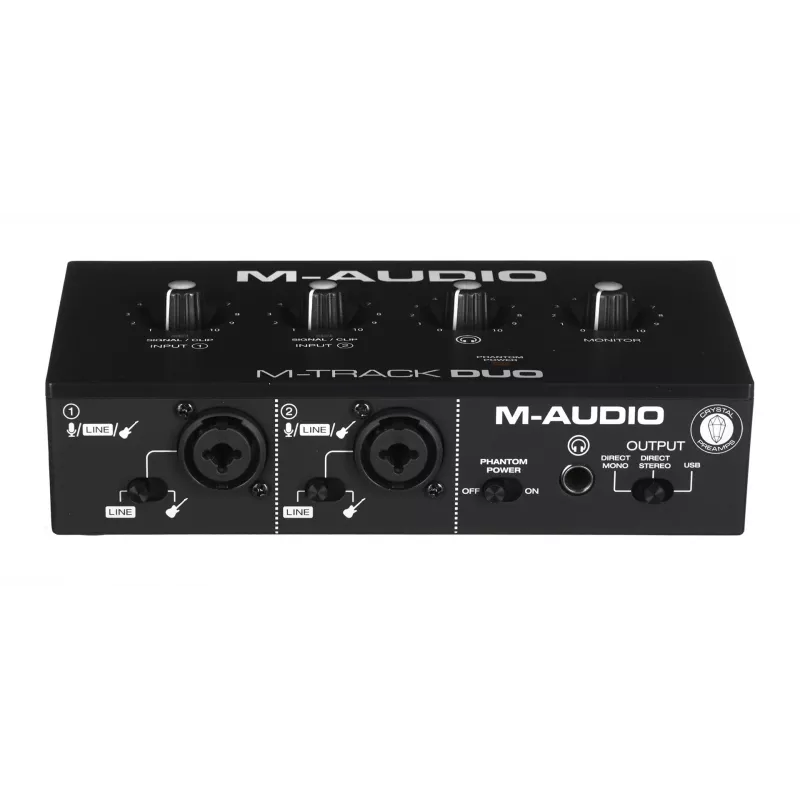 Interface de áudio M-Audio M-Track Duo — USB 2-in/2-out, 16-bit/48 kHz, 1x XLR/TS combo, 1x entrada de instrumento, alimentação fantasma 48V
