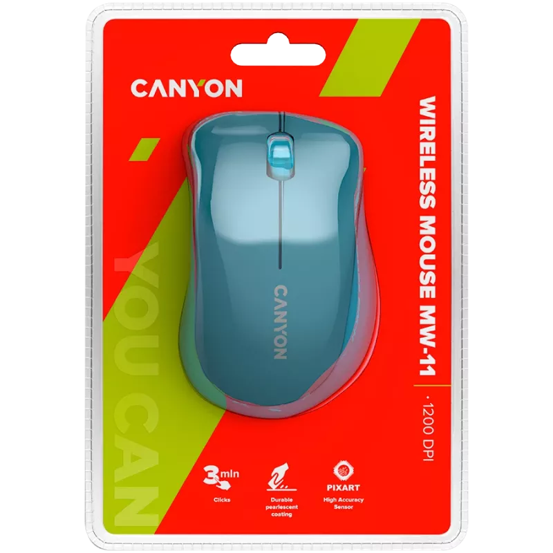 CANYON MW-11, rato sem fios 2,4 GHz, com 3 botões, DPI 1200, pilha: AAA*2 unid., azul, 67*109*38 mm, 0,063 kg