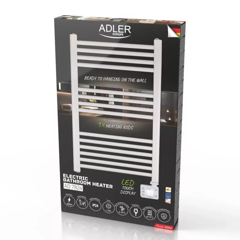 Aquecedor de casa de banho elétrico Adler AD 7824 600 W, branco, IP24, para montagem na parede, 500×900 mm