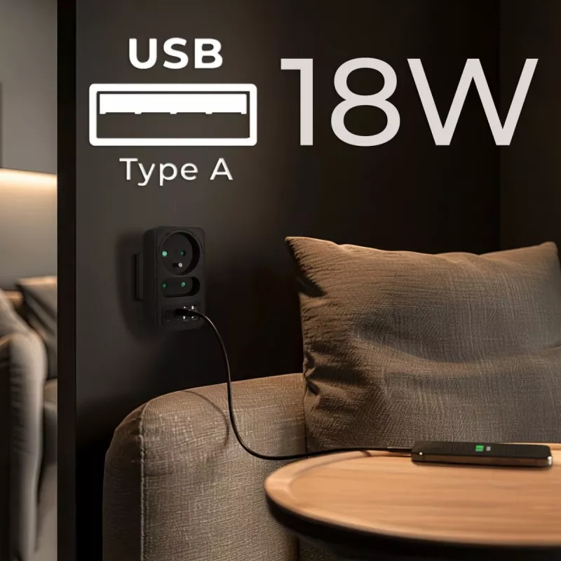 Power Splitter MACLEAN MCE249 F/B – 2 tomadas AC (16A + 6A) com 2×USB-A e 2×USB-C PD 20W, ficha EU, preto