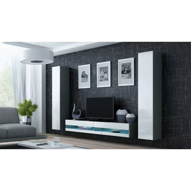 Suporte de TV Cama Meble VIGO NEW 30/140/40 — 1400×400×300 mm, tampo cinzento, aglomerado, estrutura cinzenta, frentes brancas brilhantes