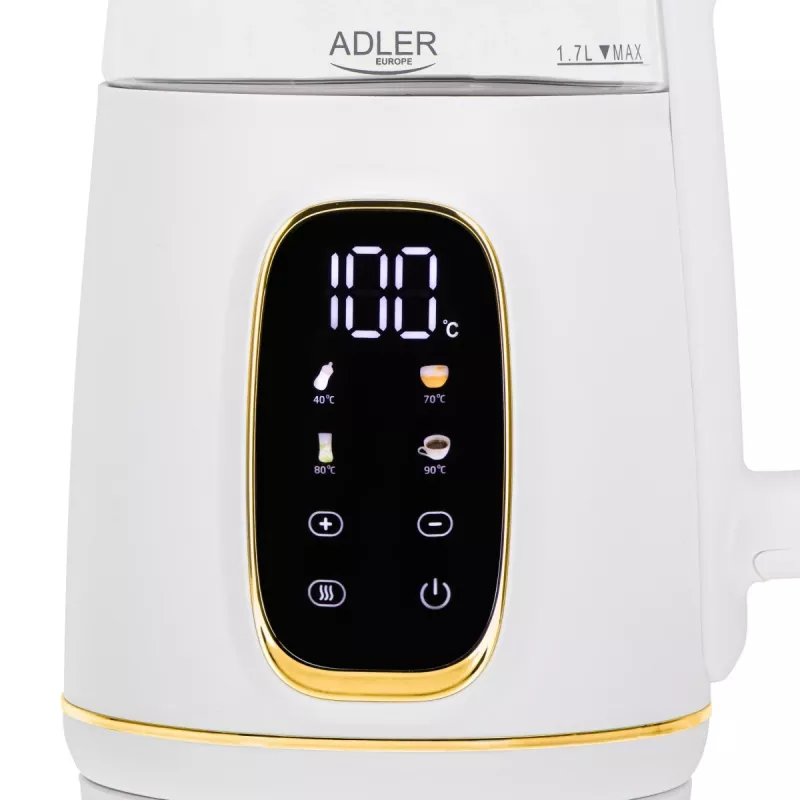 Chaleira elétrica Adler AD 1305WG — 1,7 l, 2200 W, vidro/plástico, branco/dourado/transparente