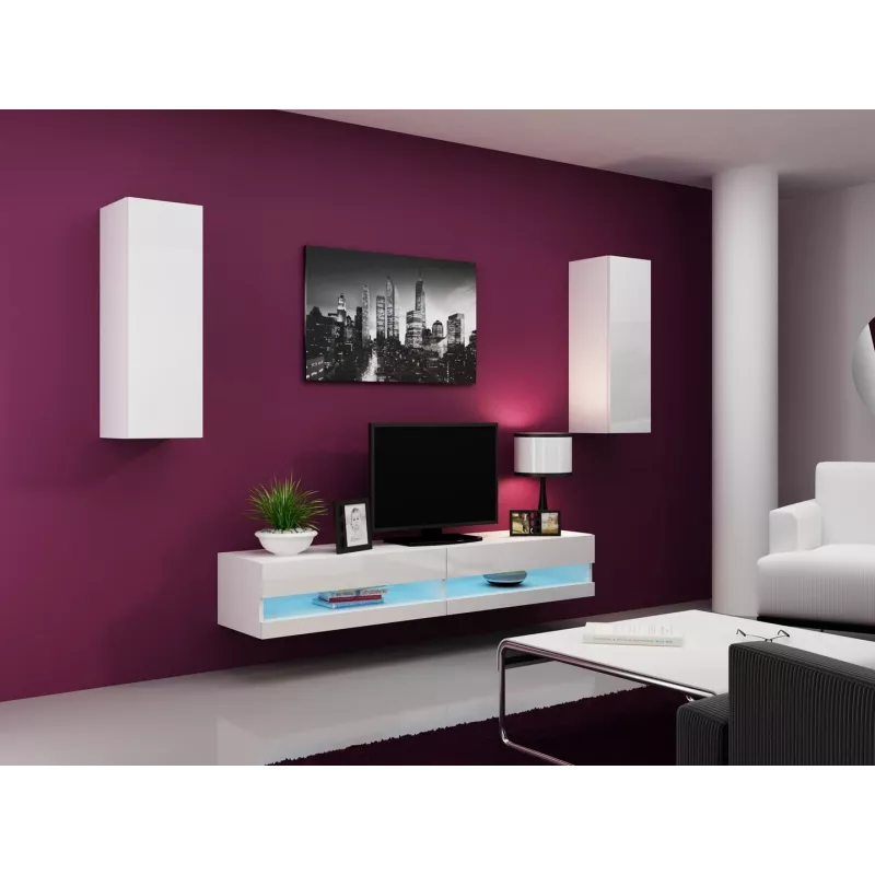 Suporte de TV cama meble VIGO NEW 30/180/40, tampo branco brilhante, aglomerado, 1800×400×300 mm