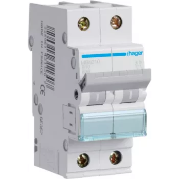 Hager MBN210. Número de polos: 2P. Frequência de entrada CA: 50/60 Hz, corrente nominal de saída: 10 A (MBN210)
