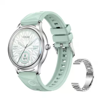 Smartwatch Colmi L28 – caixa prateada-verde com bracelete de aço inoxidável prateada