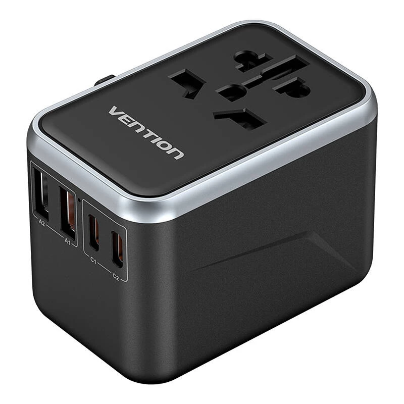 Vention adaptador de viagem e carregador GaN de 65 W, 2x USB-A 2x USB-C, preto