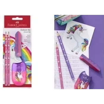 Conjunto de escrita Faber-Castell Unicorn rosa — modelo 111518, várias canetas e acessórios