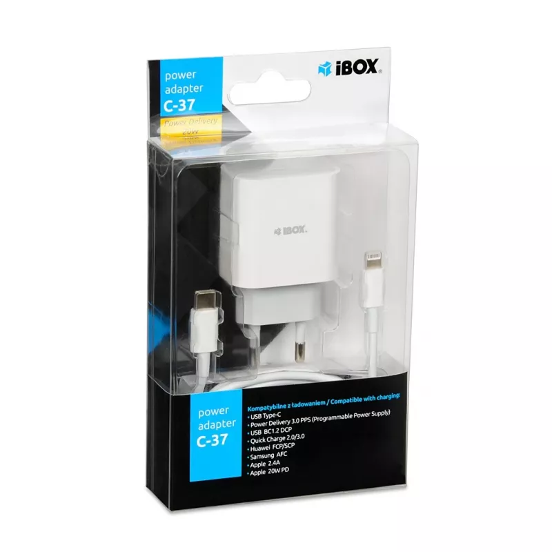 Carregador rápido USB Type-C de interior IBOX C-37, 20W, USB-C PD 3.0, saída 3 A, branco