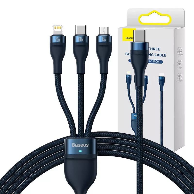 Cabo USB 3em1 Baseus Flash Series 2, USB-C + Micro-USB + Lightning, 100 W, 1,5 m (azul)
