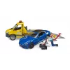 Bruder MB Sprinter transportador de carros com módulo de luz e som, laranja/azul, incl. roadster