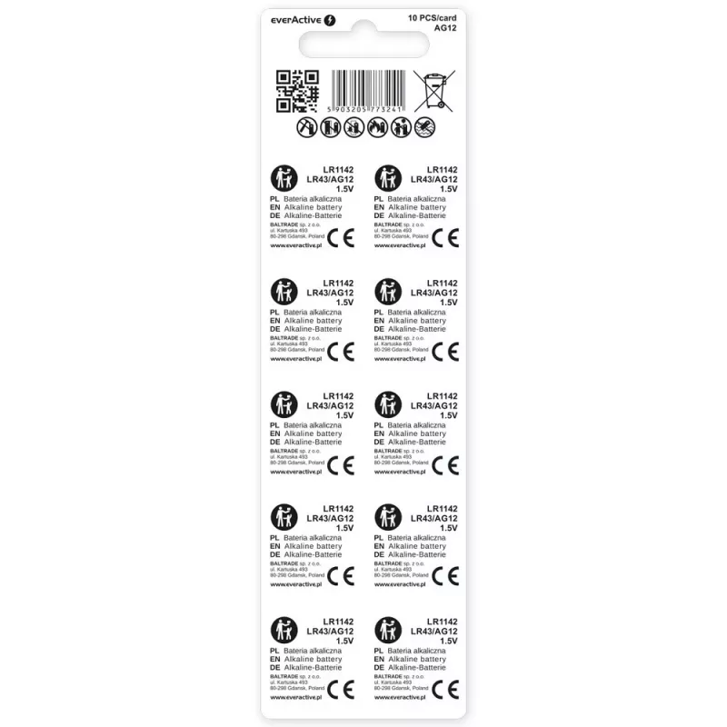 Pilha botão alcalina everActive G12 AG12 1,5 V – pack de 10