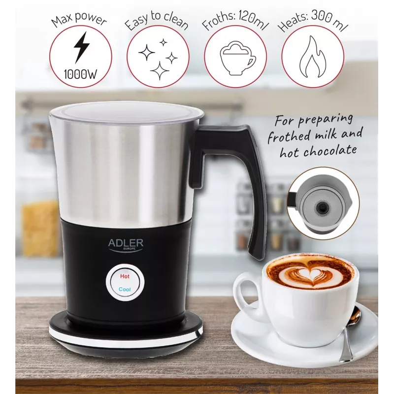 Espumador de leite automático Adler AD 4497 – aço inoxidável, 600W, 120 ml espuma / 300 ml aquecimento, quente e frio